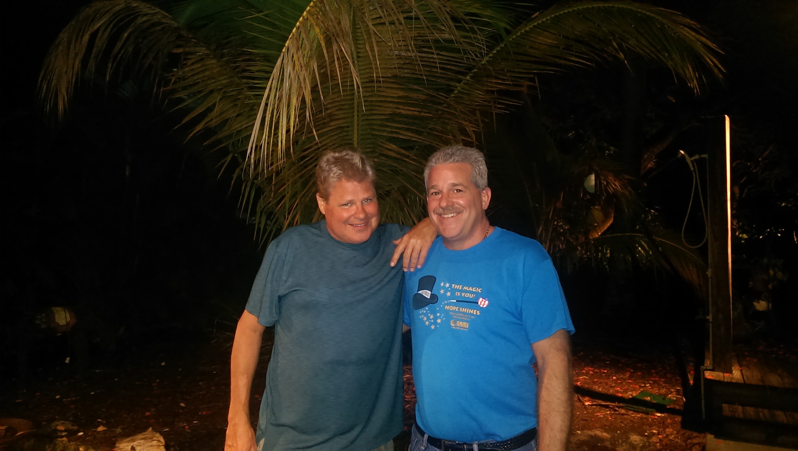 Ken with friends under palm trees